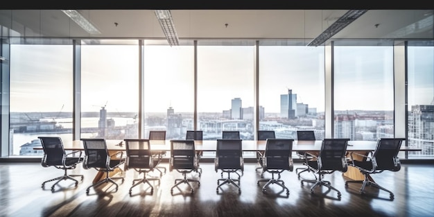 Conferentieruimte met vergadertafel veel zitplaatsen reflecterend vloerraam met uitzicht op de stad Generatieve AI AIG18