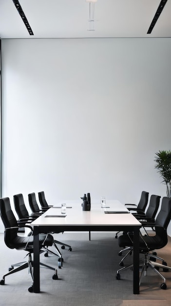 Conferentietafel met zwarte stoelen en een potplant