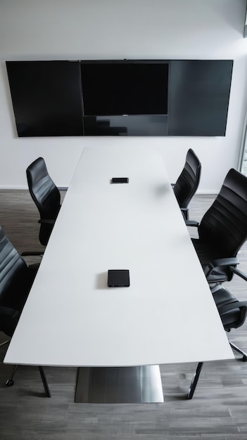 Foto conferentietafel met zwarte stoelen en flatscreen-tv