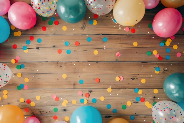 confetti and balloons on wooden floor top view with copy space