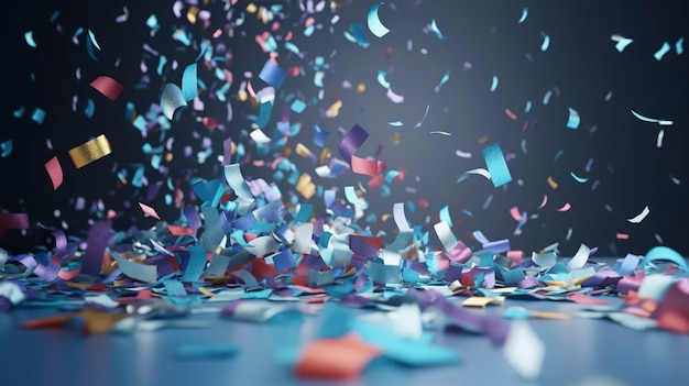 Confetti and bubbles flying in the light in the style of gray and blue vibrant stage backdrops detailed backgrounds skyblue and gold light purple and red generat ai