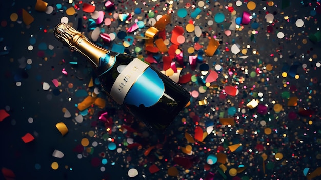 Confetti and a champagne bottle on a black background Generative AI