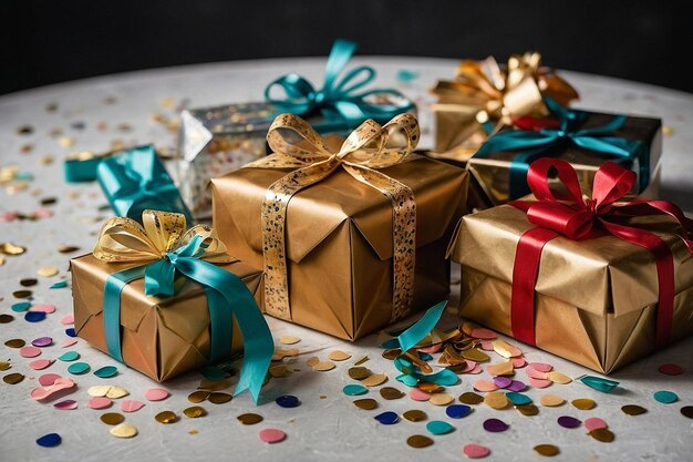 Photo confetti and gifts on a table