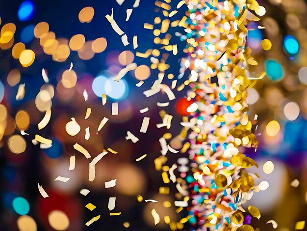 Photo confetti sparkles as it falls against a bokeh lights background generative ai