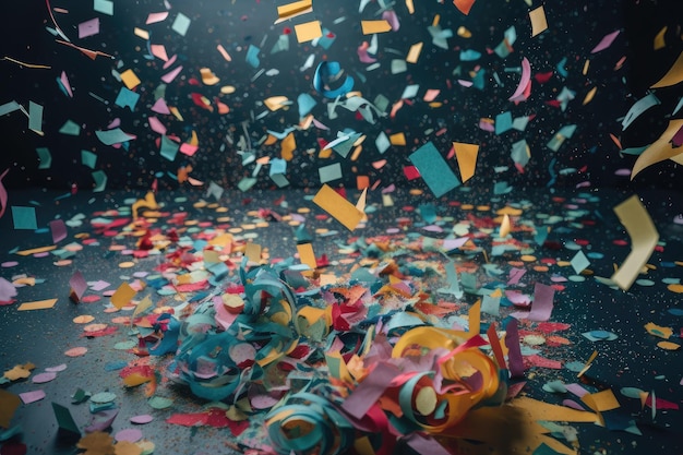 A confetti storm with colorful paper flakes swirling in the air