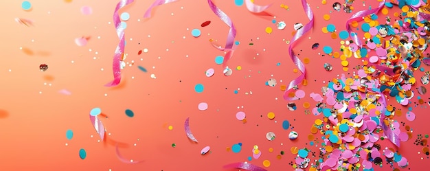 Photo confetti and streamers burst in celebration on a vibrant orange background