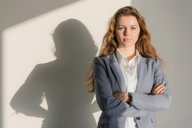 Confidence concept with business woman having her shadow flex muscles