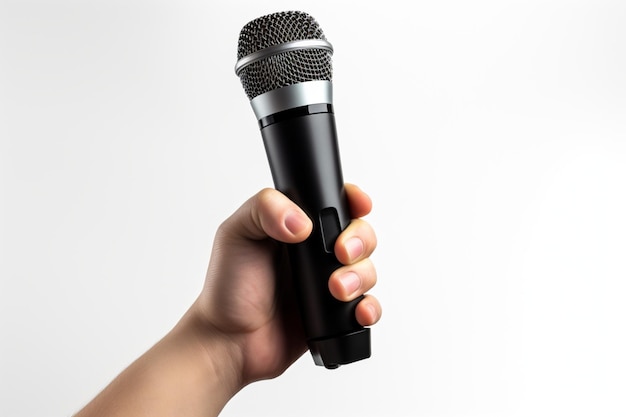 Confidence radiates as a wireless microphone is held against a white background