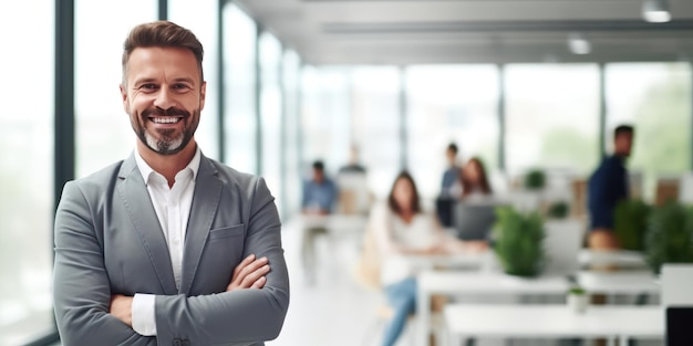 Confidence radiates from the businessman with crossed arms