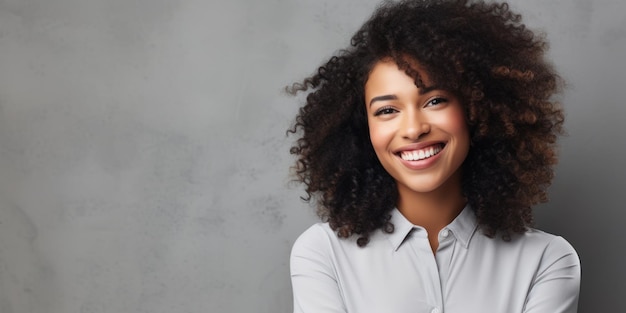 Confident African American Businesswoman in Closeup Contemporary Success Isolated on Grey Wall