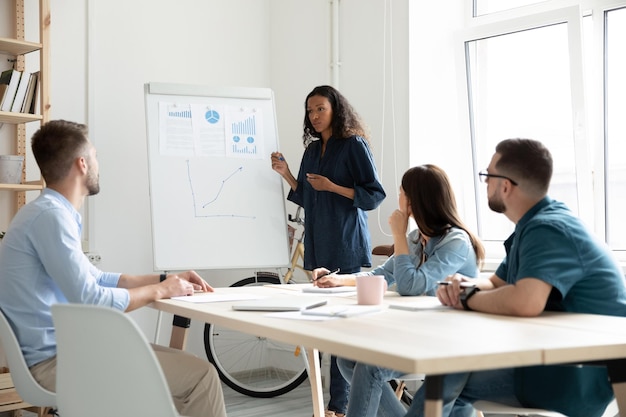 Confident african american businesswoman mentor training staff\
presenting stats diagrams on white board making flip chart\
presentation at meeting explaining strategy marketing plan at\
briefing