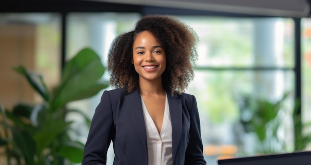 Confident African American businesswoman smiling in office