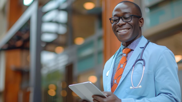 Confident african american doctor smiling with tablet in modern hospital setting professional healthcare worker portrait AI