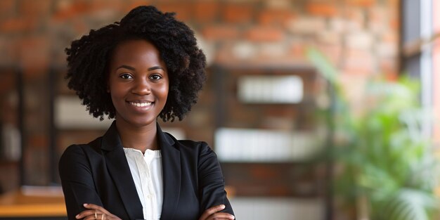 A confident African American lawyer with crossed arms and a proud smile works at a law firm representing empowerment and leadership in the legal field