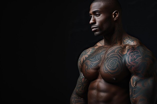 Confident African American man with muscular body tattooed on black background