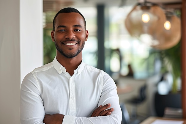 Confident African American professional in office environment smiling at camera