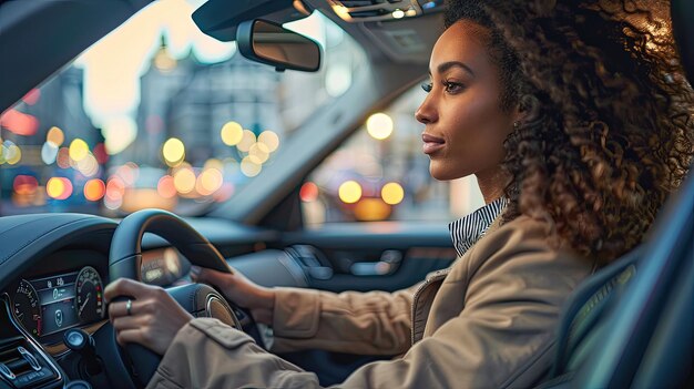 자신감 있는 아프리카계 미국인 여성 이 밤 에 도시 에서 차 를 운전 하고 있다