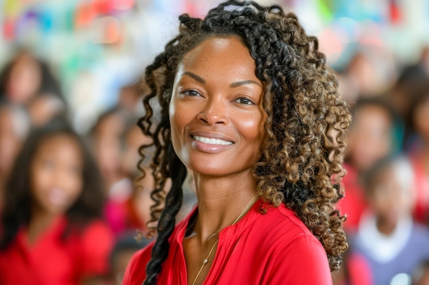 Confident African American Woman Smiling in Crowd Vibrant Red Top Casual Style Natural Beauty