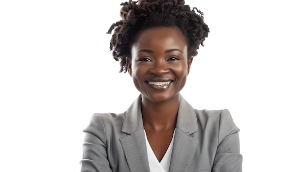 Confident African American Woman Smiling in Gray Suit Professional Look Positive Attitude Perfect for Corporate Profiles AI