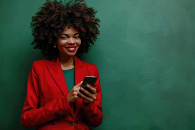 Confident african businesswoman in red suit with smartphone