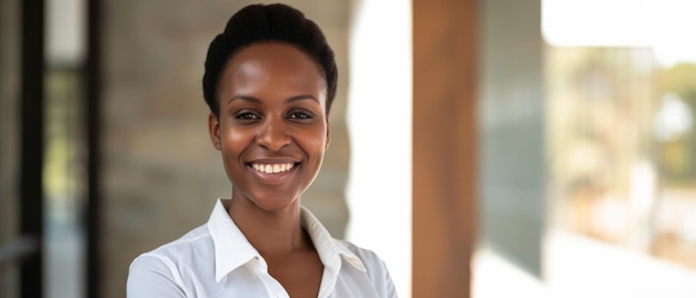 明るいオフィス環境で暖かく笑顔を浮かべている自信のあるアフリカのプロフェッショナルな女性