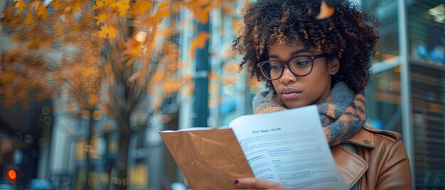 Foto candidato afroamericano sicuro di sé che contempla il curriculum e il portafoglio forza personale in prepa