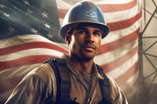 Photo confident american labour in hardhat standing outdoors at night generated by ai