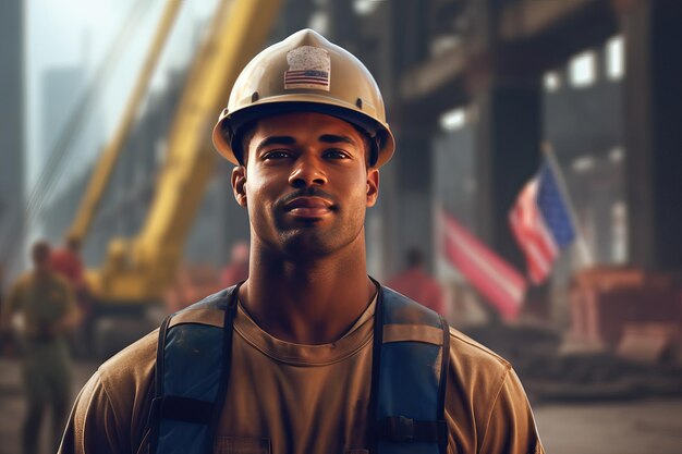 Photo confident american labour in hardhat standing outdoors at night generated by ai