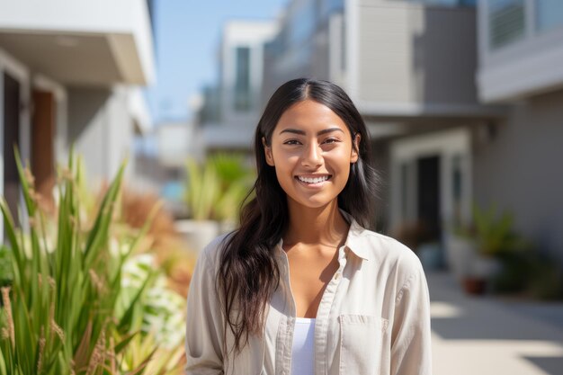 Photo confident american real estate agent outside modern home ready to assist buyers