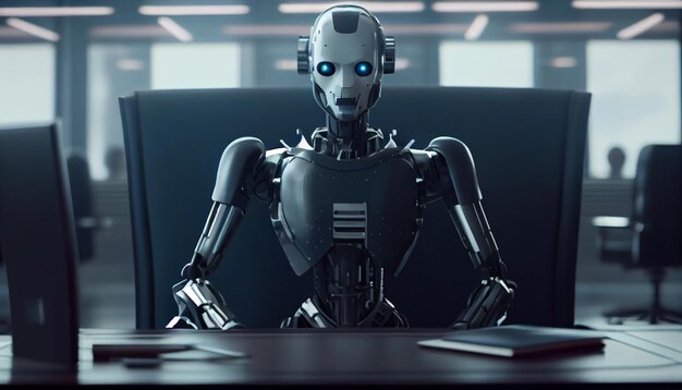 Confident android robot manager sitting in the office table