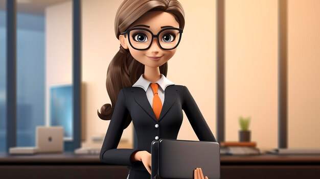 Confident animated businesswoman in office with tablet professional attire modern workplace