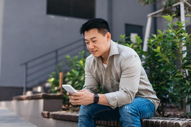 Confident asian businessman typing on smartphone sitting on bench outdoors near office building copy space