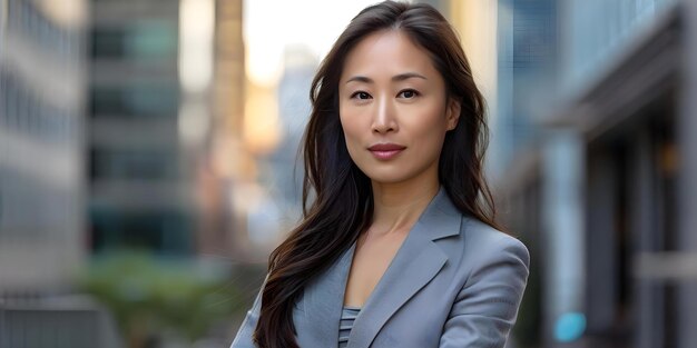 회색 슈트를 입은 자신감 있는 아시아 사업가 여성 도시 환경에서 탁월한 컨셉 전문 아시아 사업가 여자 도시 환경 자신감