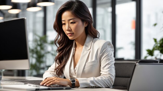 Уверенная в себе азиатская бизнесменка, работающая на ноутбуке за гладким белым столом.