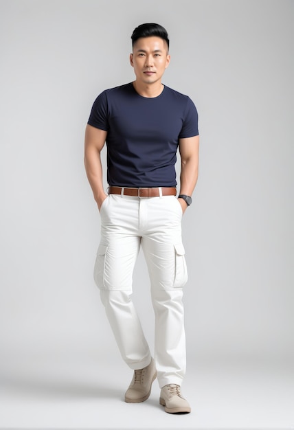 Confident Asian man in casual navy t shirt and white pants standing against a gray background suitab