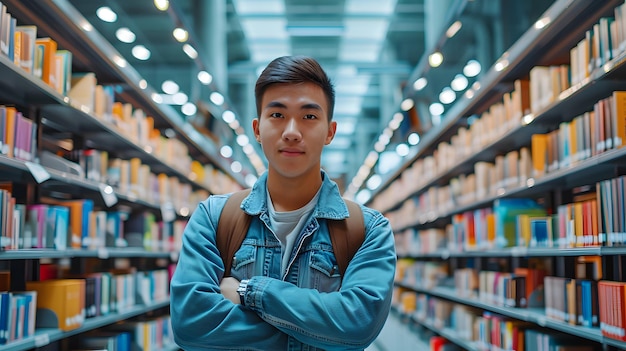 Confident Asian Teenager in the Library Studious and Happy Learning Journey Generative AI