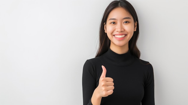 Confident asian woman giving thumbs up