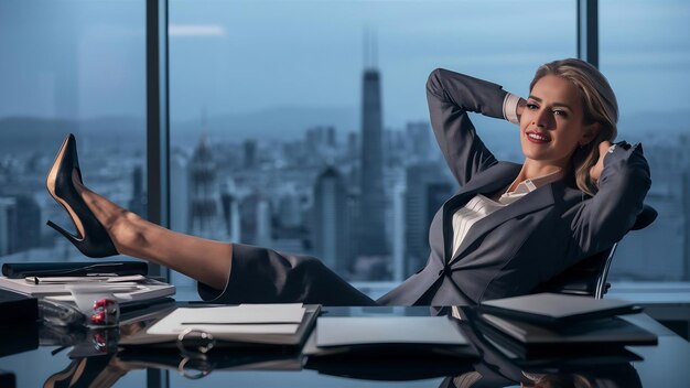 Photo confident attractive businesswoman relaxing in office high heeled shoes on desk