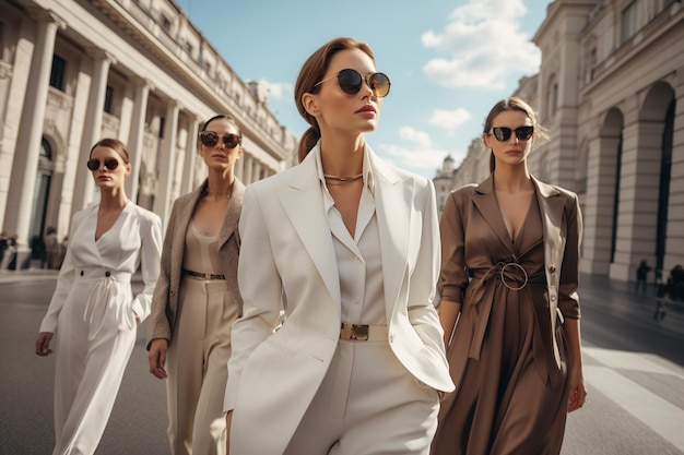 Foto donne sicure e attraenti vestite con abiti classici e rigorosi camminano lungo una strada soleggiata della città