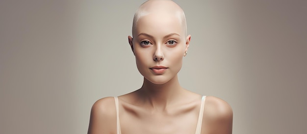 Confident bald woman posing waist up minimal background alopecia and cancer awareness