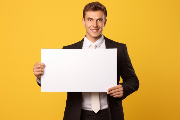 Confident Bank Manager Professional Image of a Businessman Holding an Empty Banner on Yellow Backgr