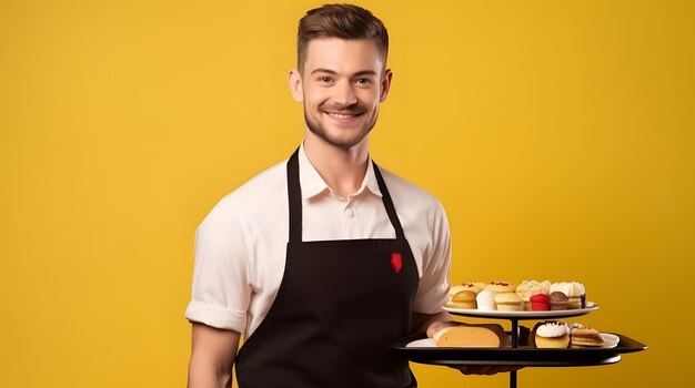 Confident barista in black apron standing on yellow background waiter smiling and looking happy