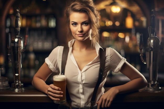 Foto barista sicuro che serve birra in un pub