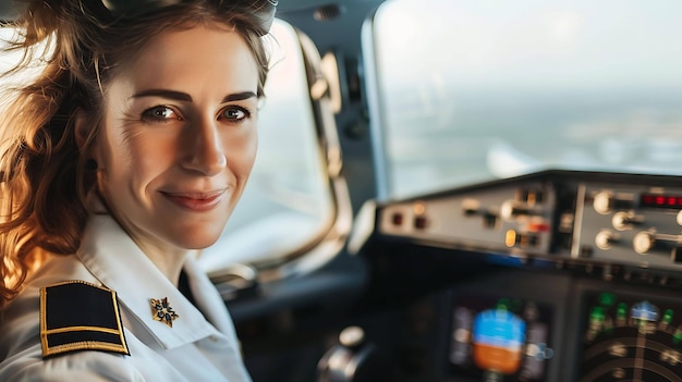 Confident and beautiful female pilot smiling in the cockpit of an airplane She is wearing a white uniform and has her hair in a bun