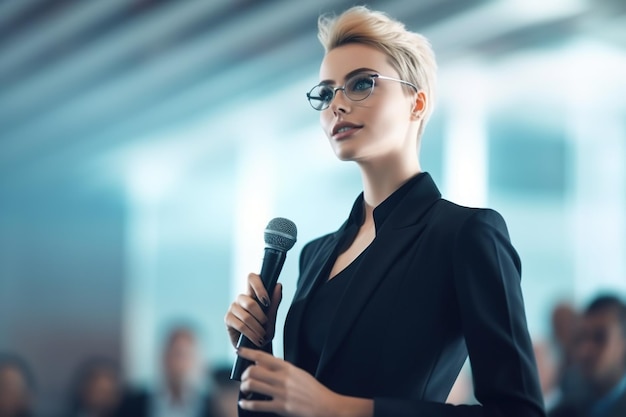 Confident blonde businesswoman is presenting at a conference in a modern white hall Her poised and professional demeanor commands attention as she delivers her message with conviction Generative AI