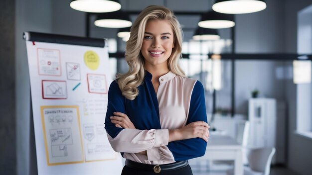 Confident blonde girl in blouse standing with arms crossed in office with big flipchart