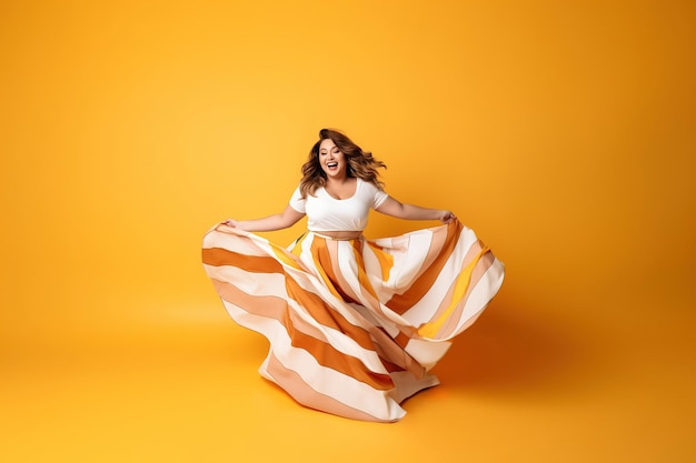 Confident body moves plus size woman having fun with her body in a color background