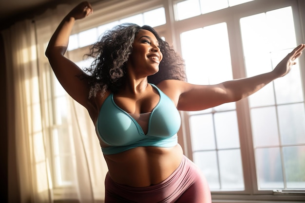 Photo confident body moves plus size woman having fun with her body in a dance studio