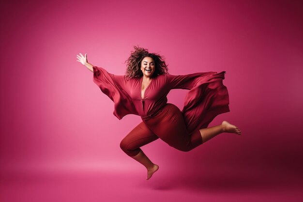 Фото Уверенные движения тела женщина больших размеров развлекается со своим телом на цветном фоне