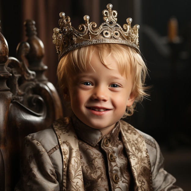 Photo a confident boy with down syndrome wearing a crown generative ai